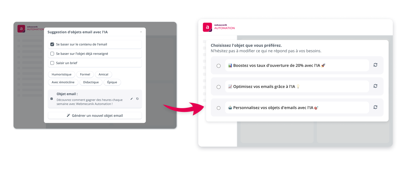 Webmecanik automation suggère des objets d'emails grâce à l'IA