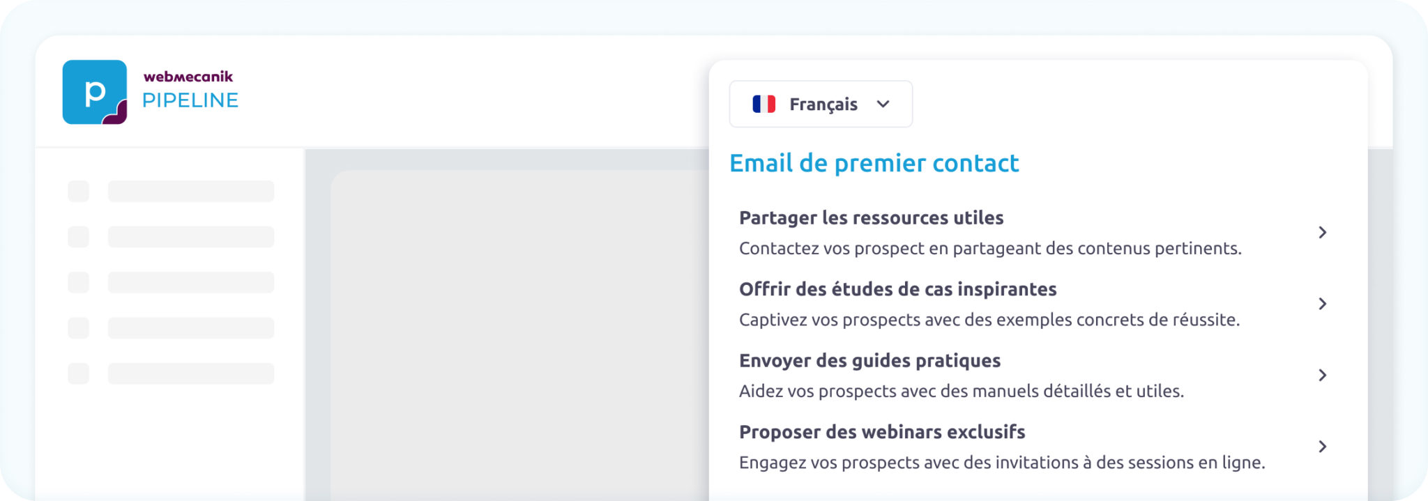 Modèle d'emails sur Webmecanik Pipeline